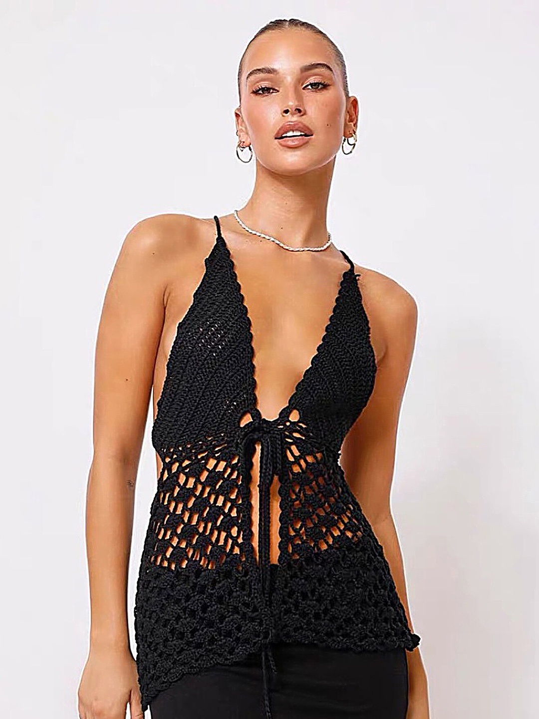 

LULU & SKY Self Design Sleeveless Crochet Top, Black