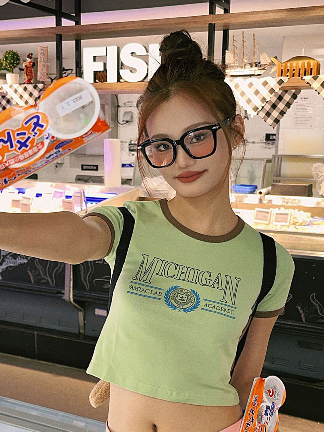 

LULU & SKY Round Neck Print Regular Cotton Crop Tshirt, Green