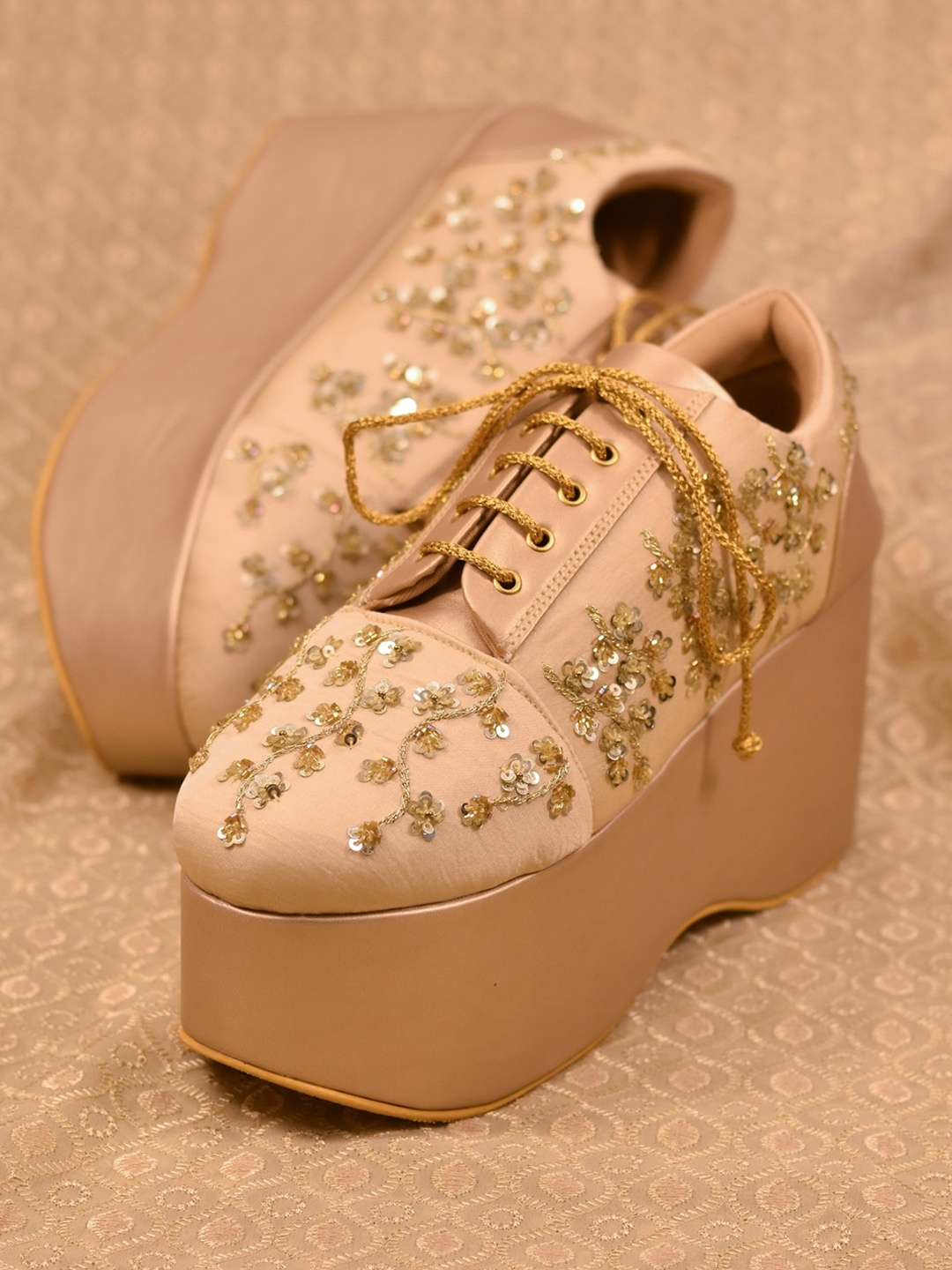 

Around Always Cinnamon Embellished Round Toe Textile Sneakers, Nude