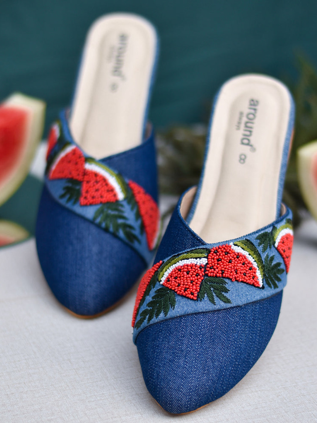 

Around Always Melon Embellished Round Toe Block Heeled Mules, Blue
