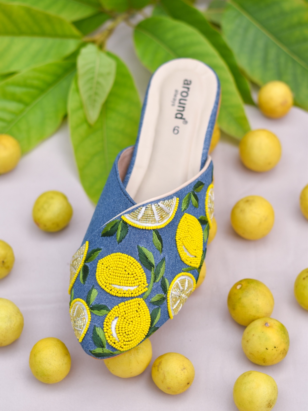 

Around Always Lime Embellished Pointed Toe Textile Block Heeled Pumps, Blue