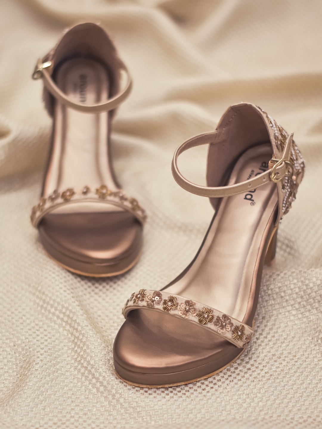 

Around Always Olivia Embellished Open Toe Textile Slim Heels, Coffee brown
