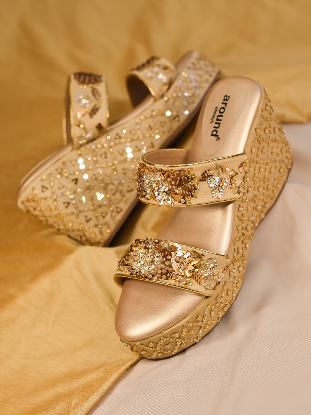 

Around Always Victoria Embellished Open Toe Textile Wedge Heels, Gold