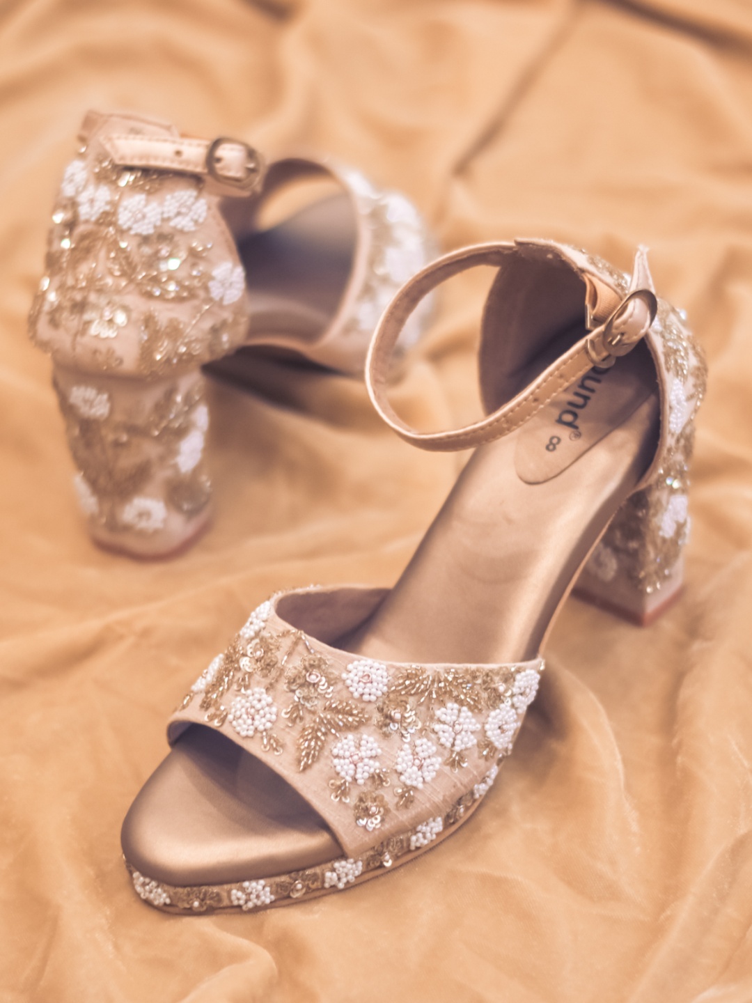 

Around Always IraSangeet Embellished Open Toe Textile Block Heels, Beige