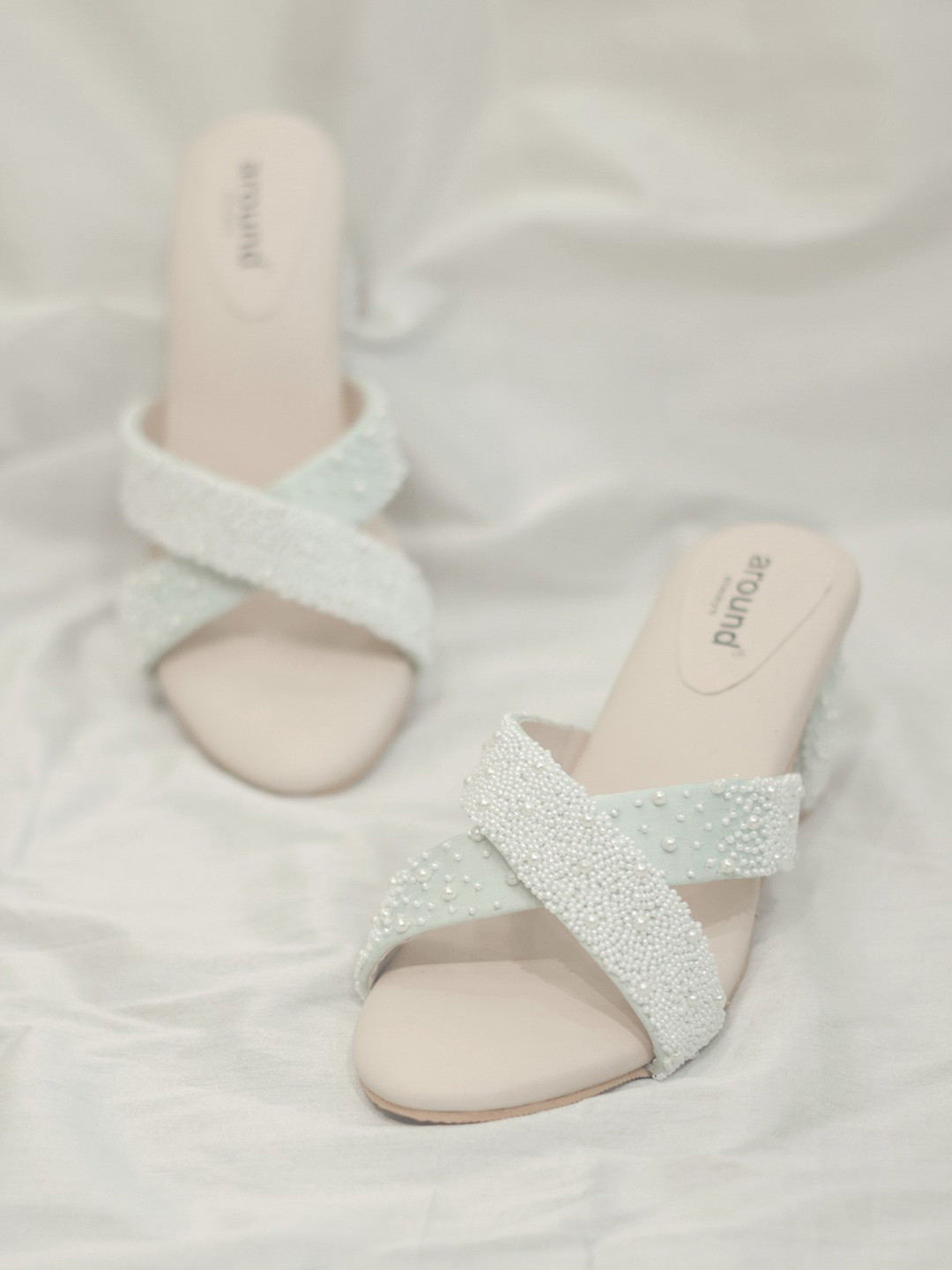 

Around Always Oyster Embellished Open Toe Textile Block Heels, White