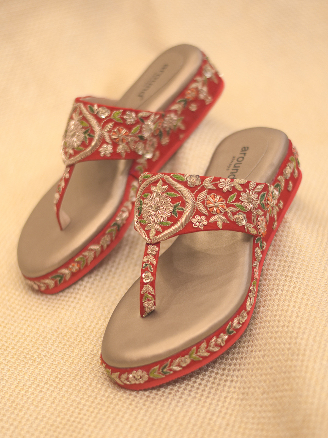 

Around Always Saar Embellished Open Toe Textile Flatform Heels, Red