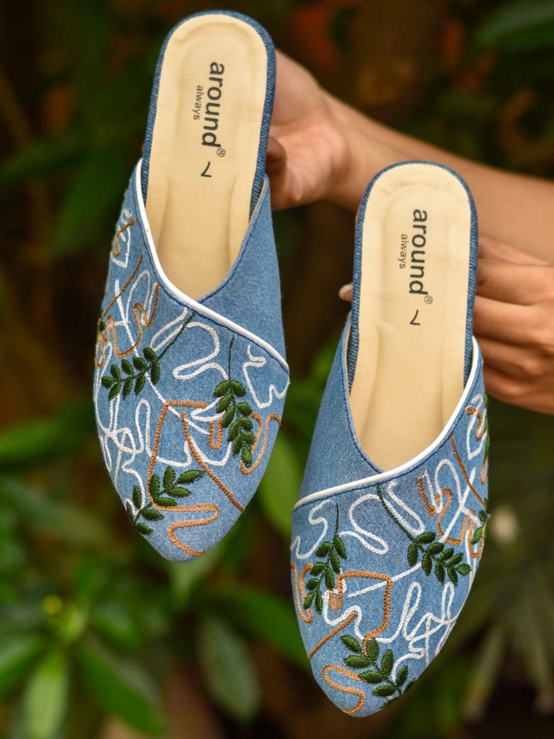

Around Always Palm Embroidered Block Heeled Mules, Blue