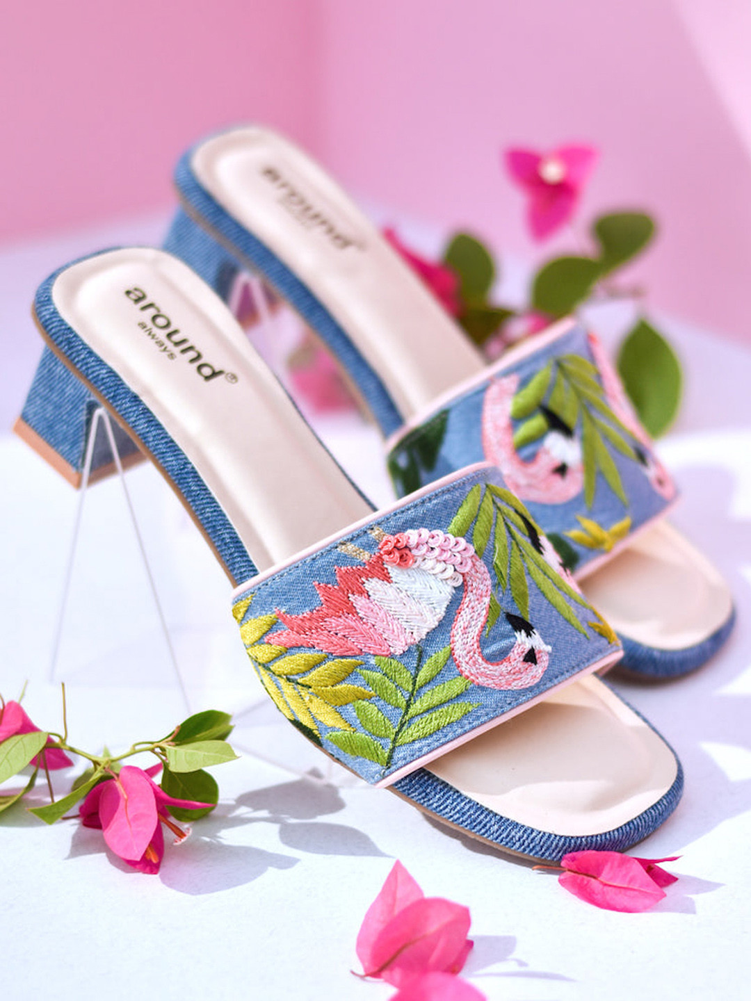 

Around Always Flamingo Embellished Open Toe Block Heels, Blue