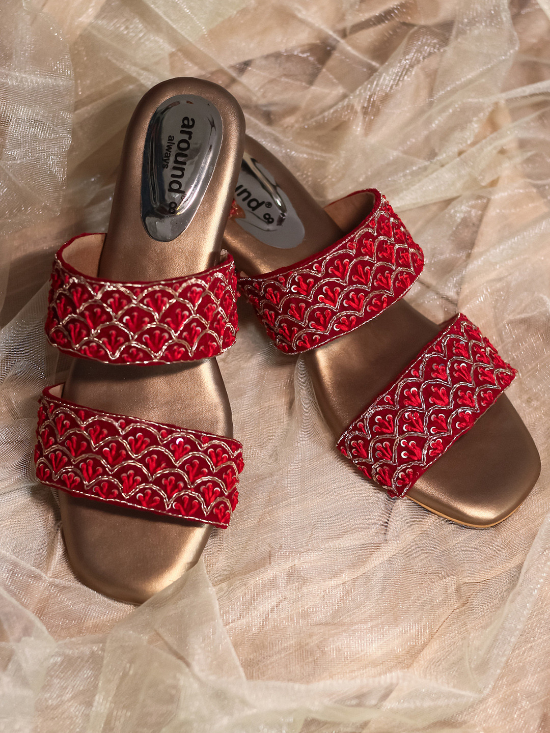 

Around Always Niva Embroidered Open Toe Block Heels, Red