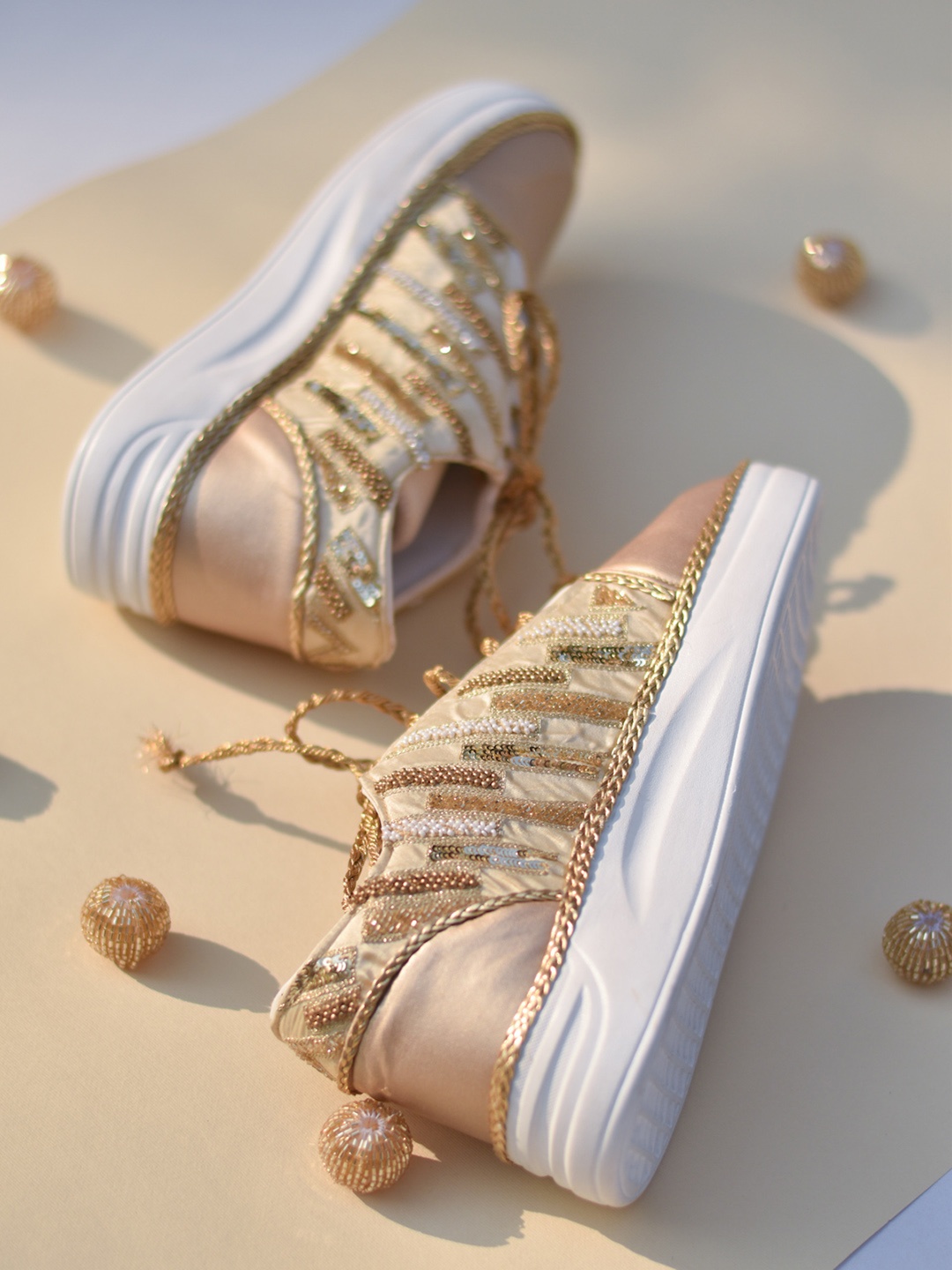 

Around Always Leo Embellished Round Toe Textile Heeled Sneakers, Gold