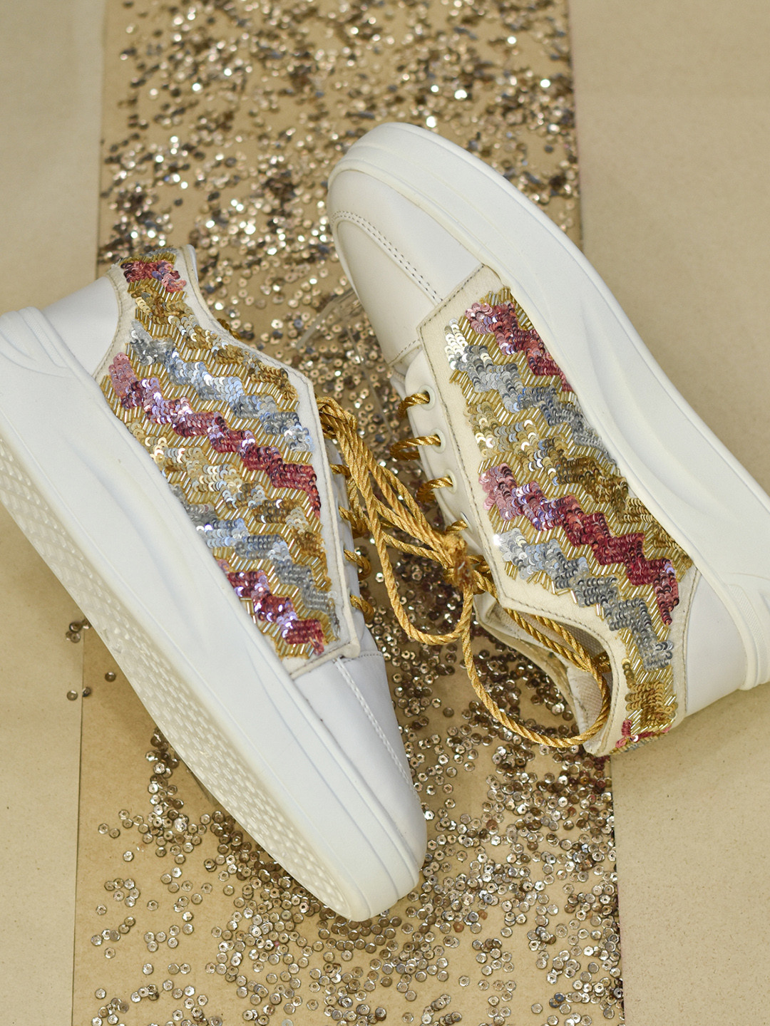 

Around Always Vega Embellished Round Toe Textile Heeled Sneakers, White