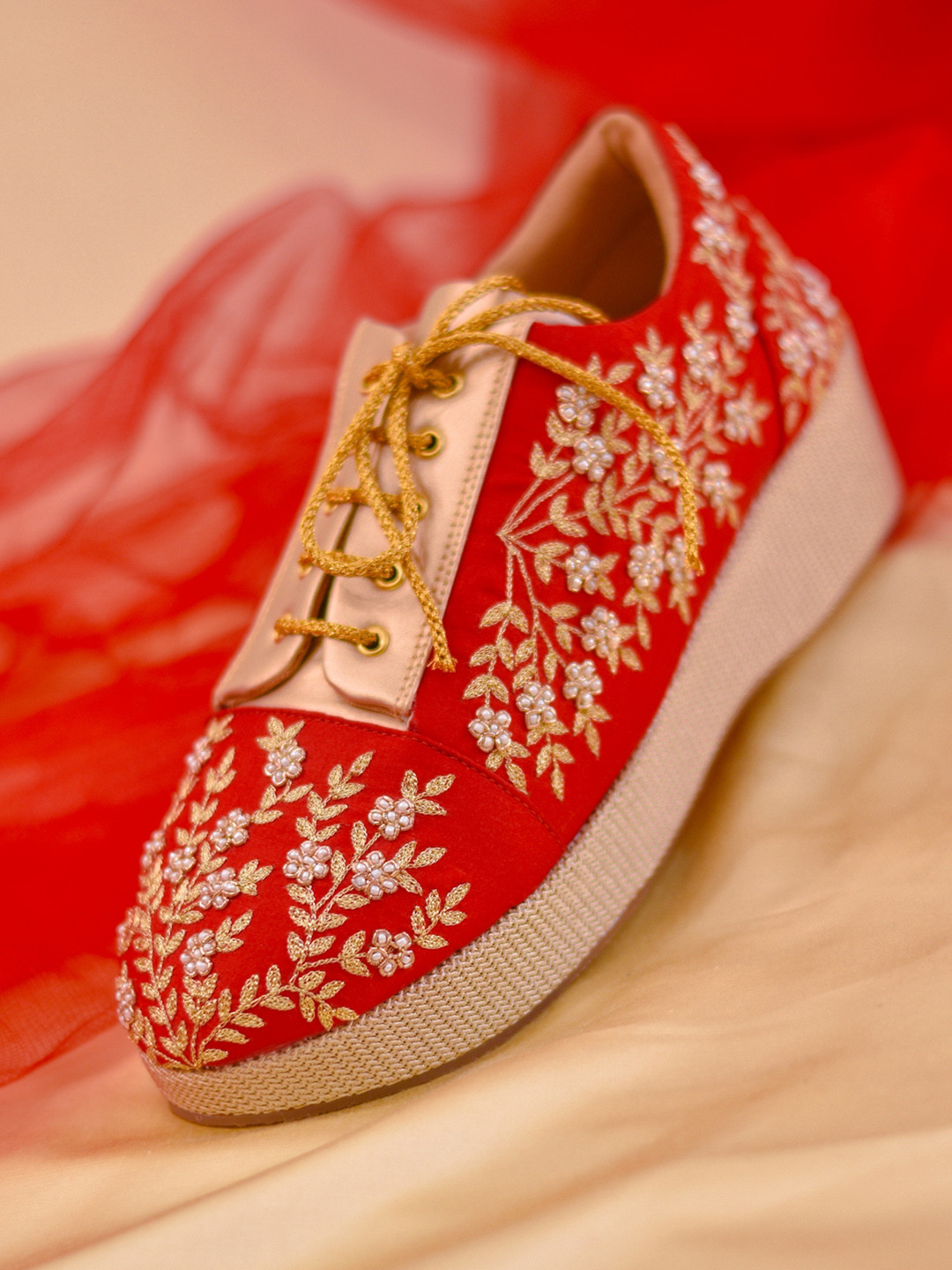 

Around Always Mia Embellished Round Toe Textile Sneakers, Red