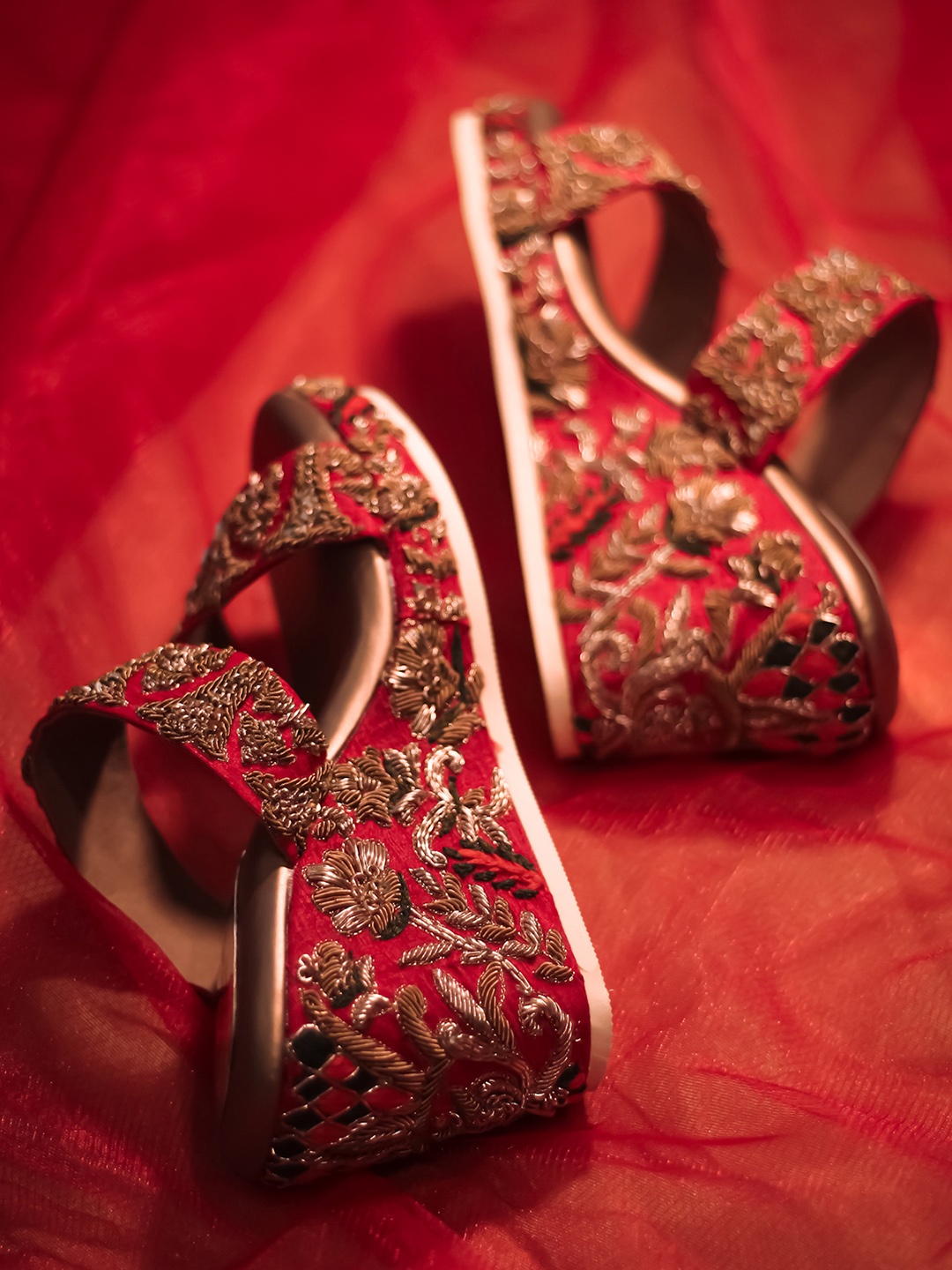 

Around Always Nooree Embellished Open Toe Textile Wedge Heels, Red