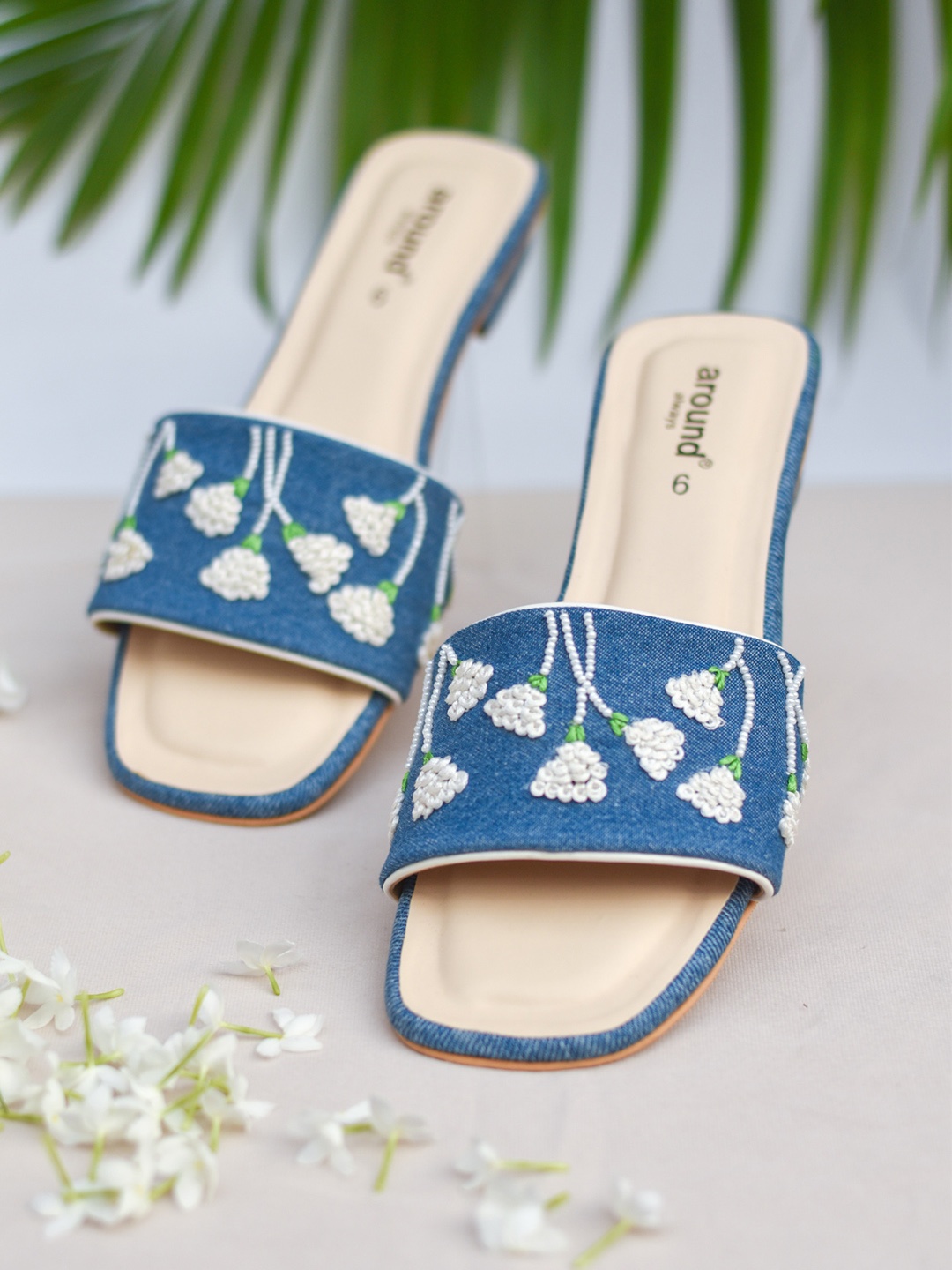 

Around Always Gardenia Embellished Open Toe Block Heels, Blue
