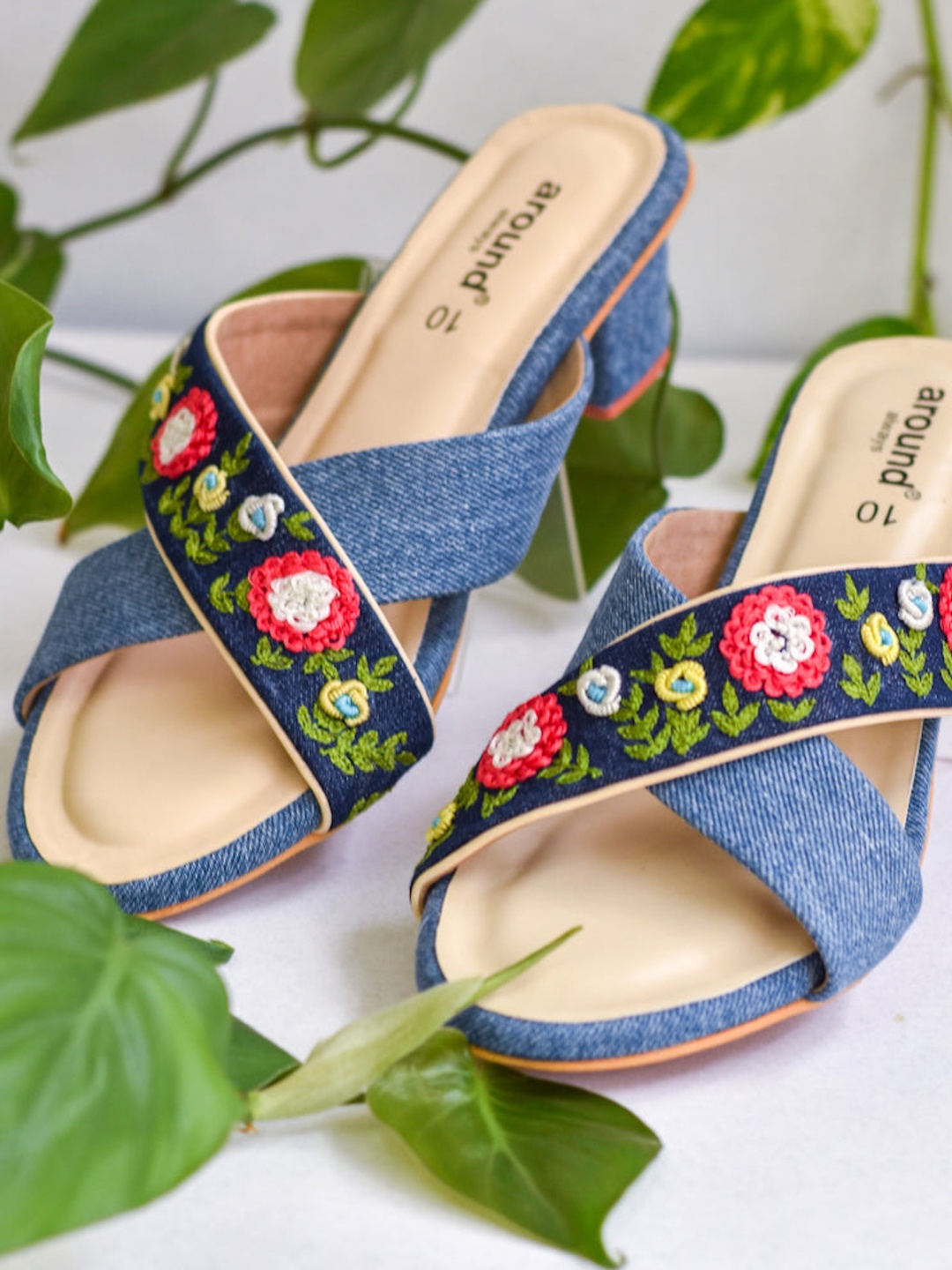 

Around Always Clover Embellished Open Toe Block Heels, Blue