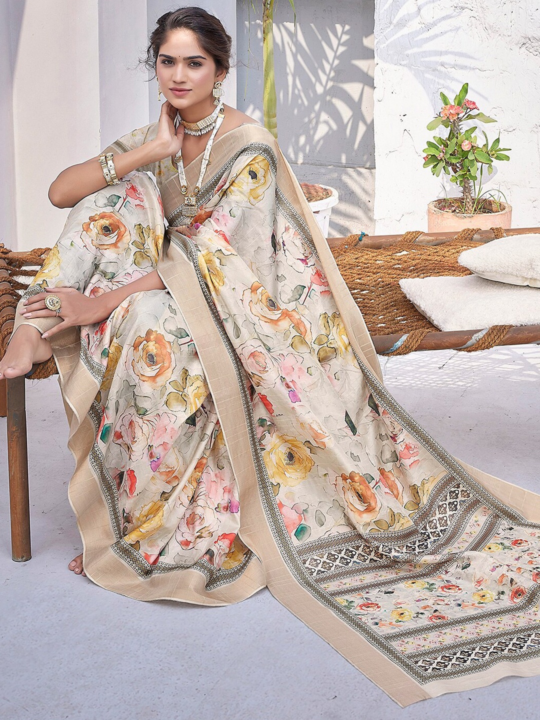 SANSKAR Floral Zari Silk Cotton Saree, Beige