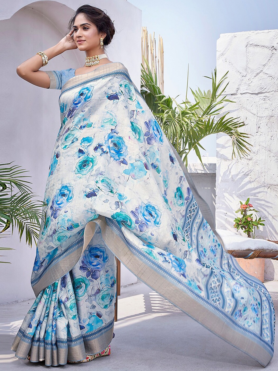 SANSKAR Floral Zari Silk Cotton Saree, White