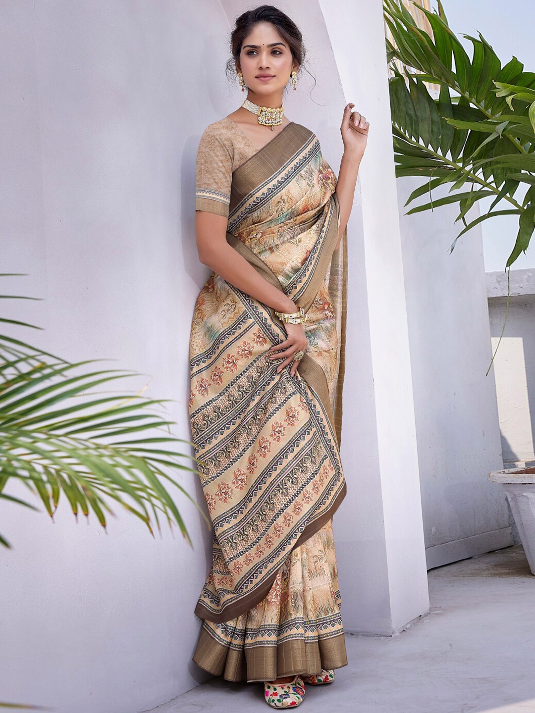

SANSKAR Floral Digital Printed Silk Cotton Saree, Rust