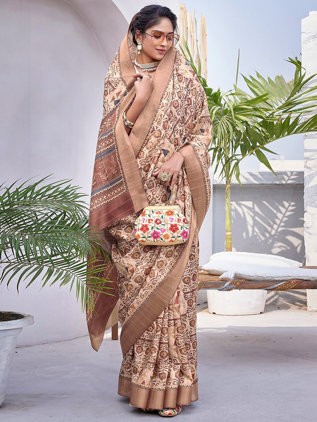 

SANSKAR Ethnic Motifs Zari Silk Cotton Saree, Rose gold