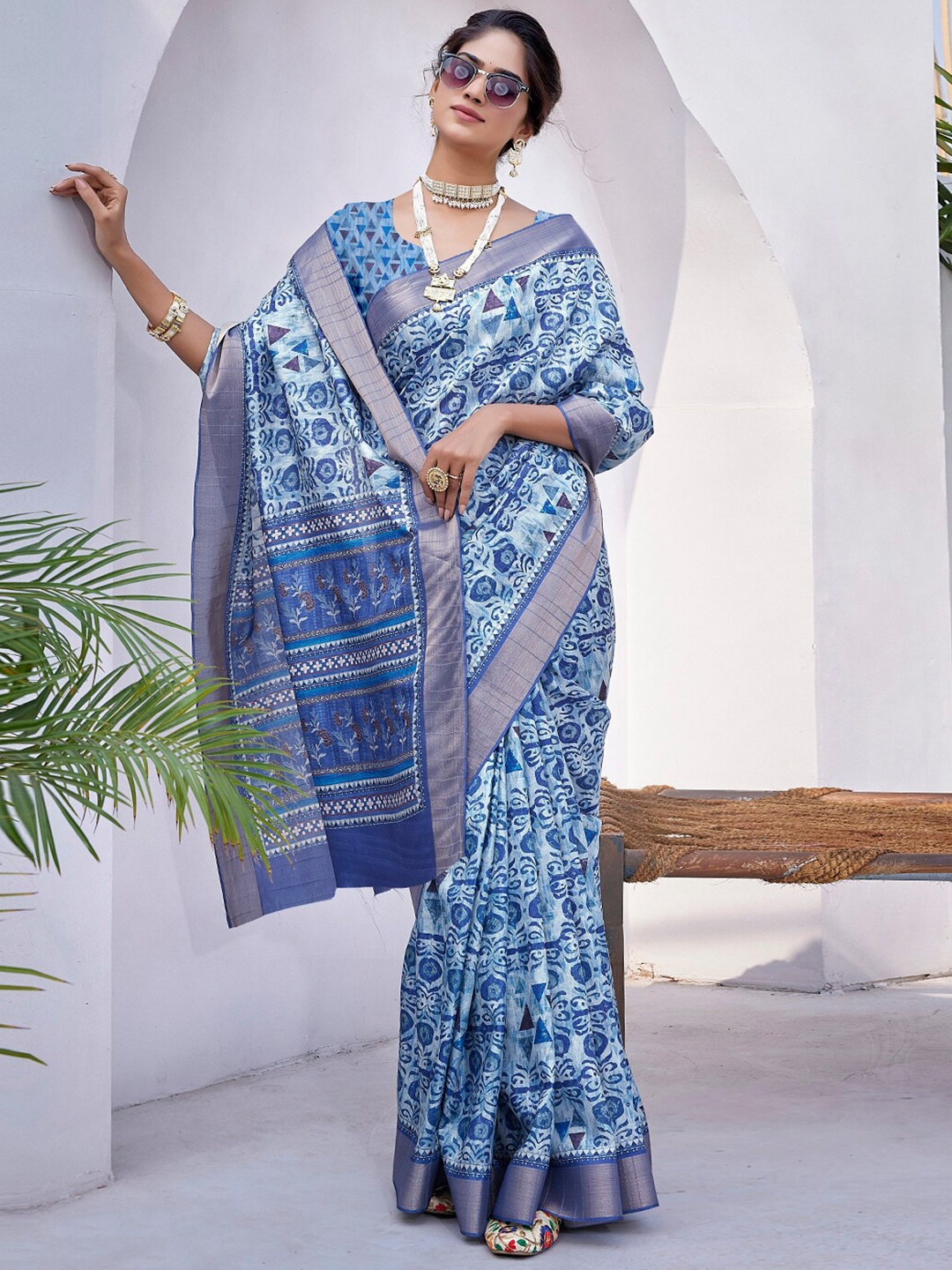 

SANSKAR Ethnic Motifs Zari Silk Cotton Saree, Blue
