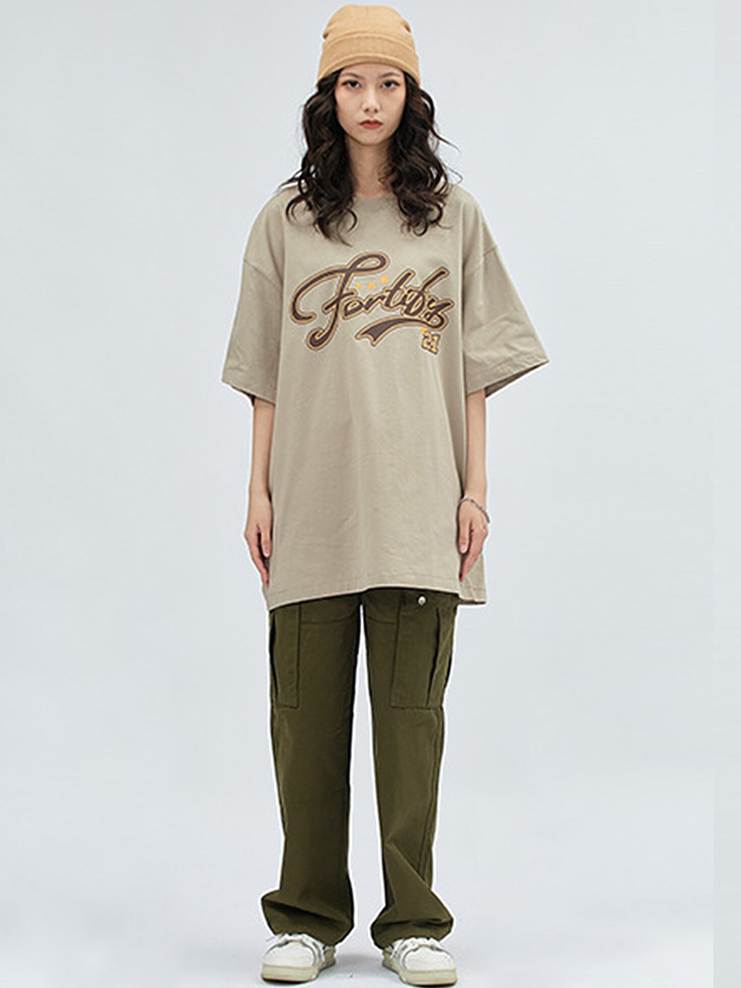 

LULU & SKY Typography Printed Drop-Shoulder Sleeves Longline Oversize T-shirt, Camel brown