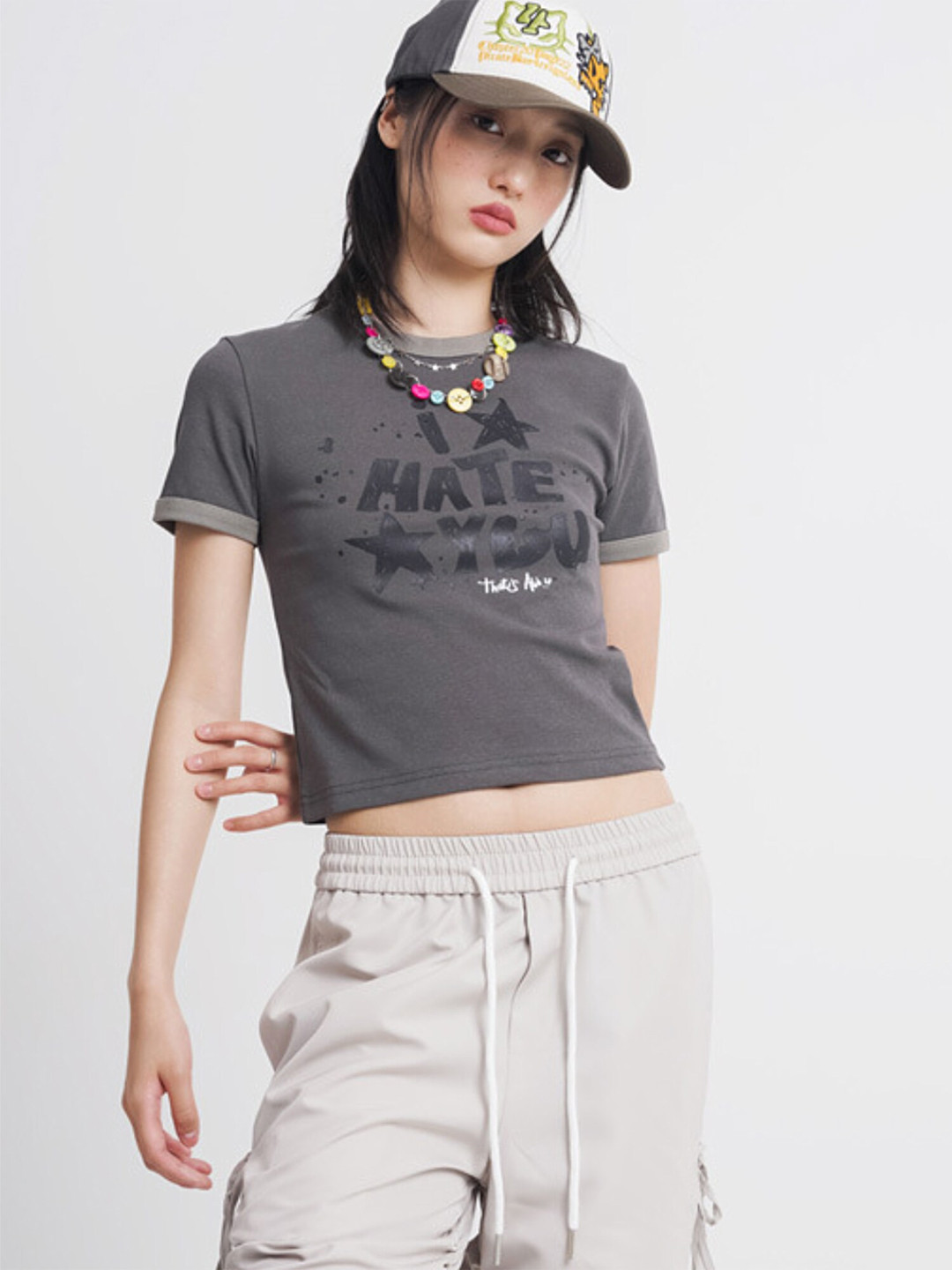 

LULU & SKY Round Neck Typography Printed Cotton Crop Tshirt, Grey
