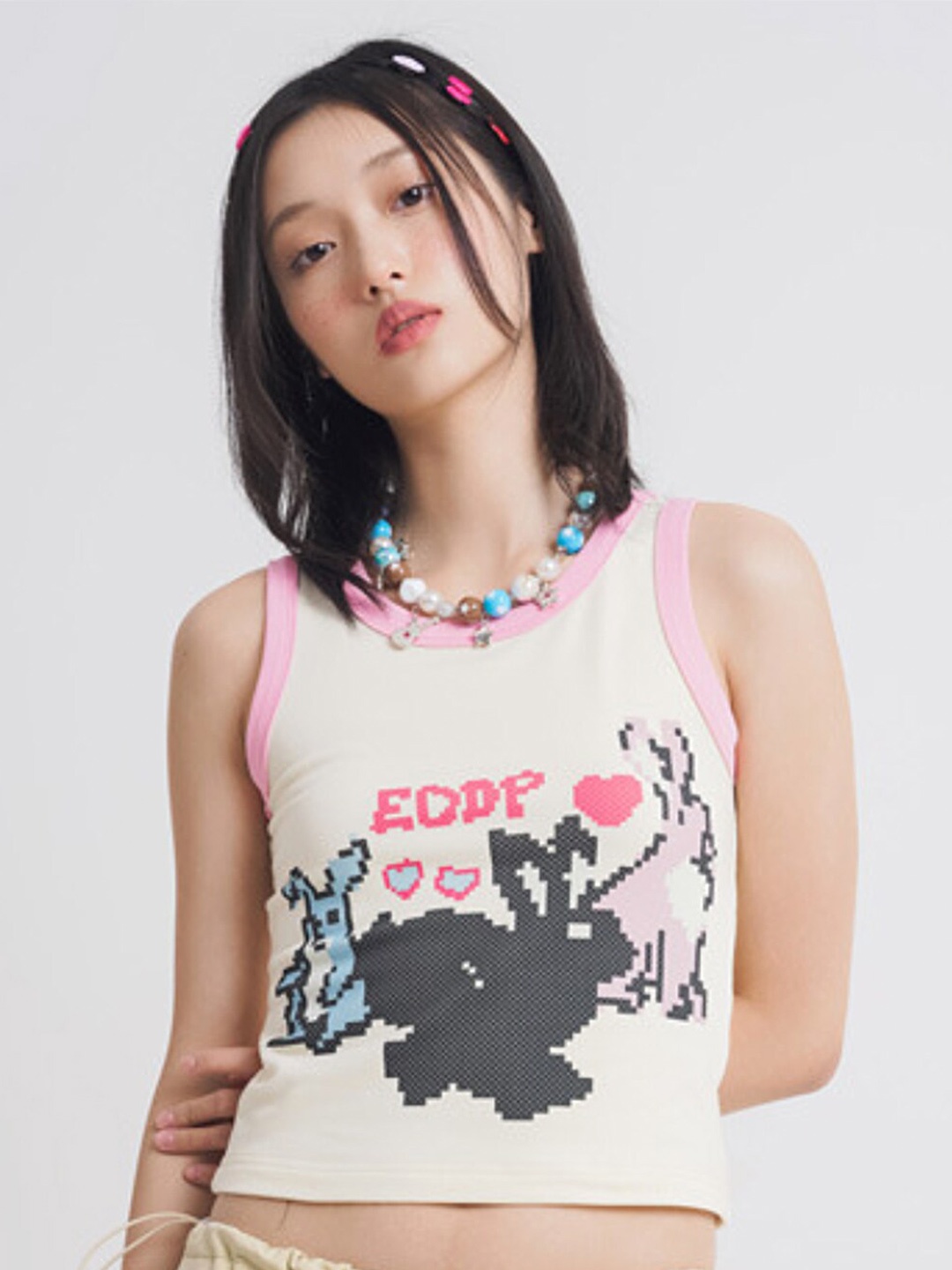

LULU & SKY Round Neck Graphic Print Cotton Crop Top, Beige
