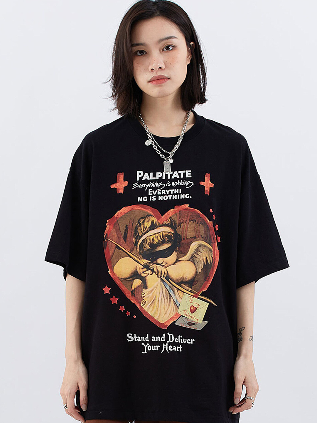 

LULU & SKY Graphic Printed Drop-Shoulder Sleeves Longline Boxy T-shirt, Black