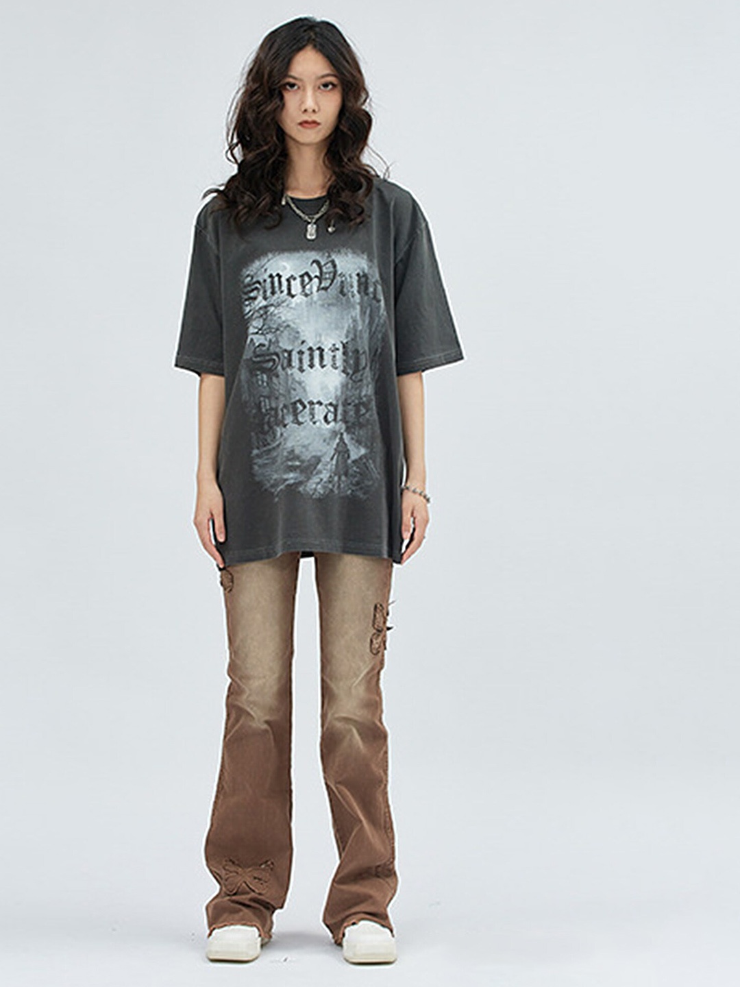 

LULU & SKY Round Neck Print Cotton Longline Tshirt, Black