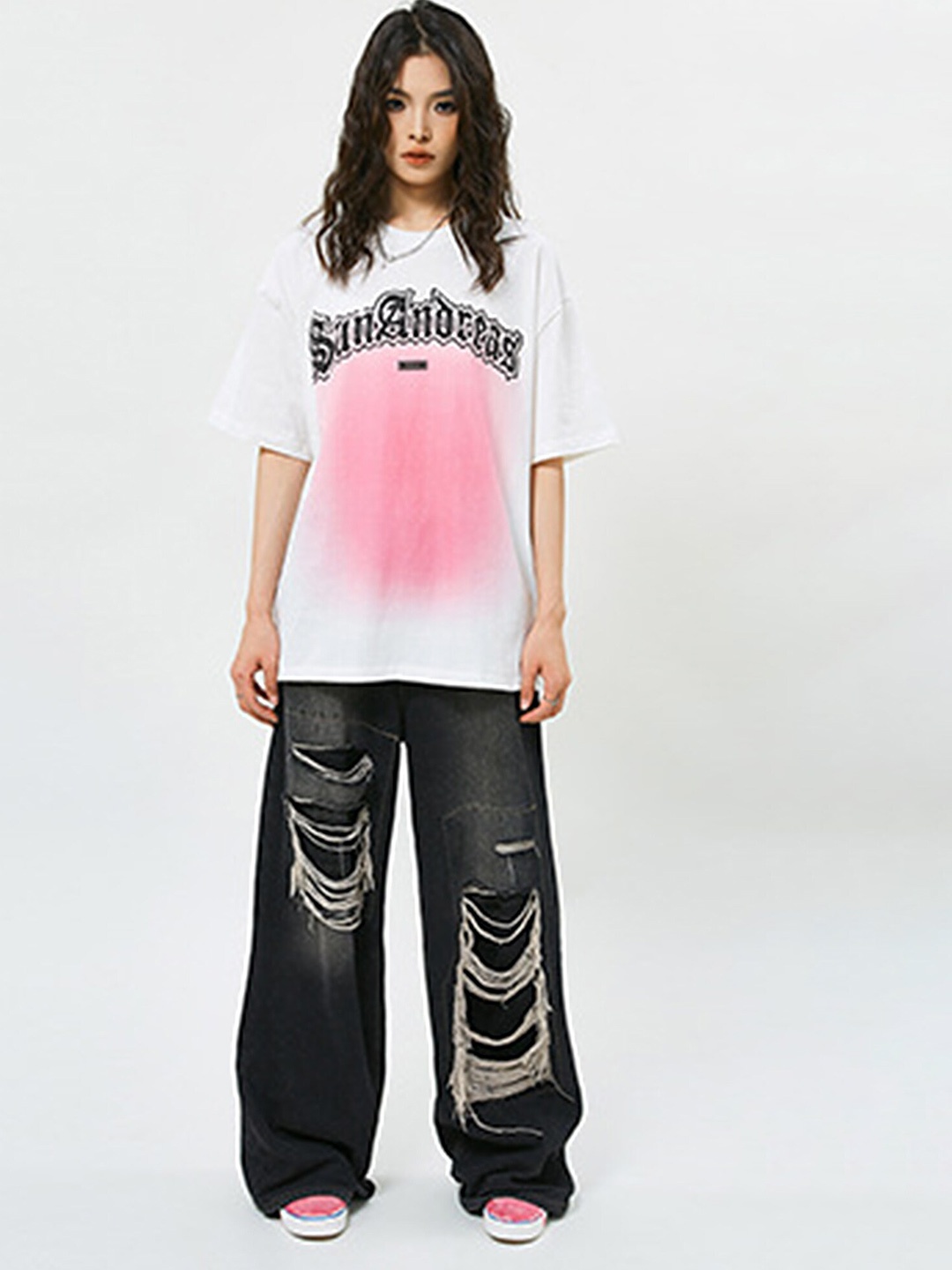 

LULU & SKY Typography Printed Drop-Shoulder Sleeves Longline Cotton Oversized T-shirt, White