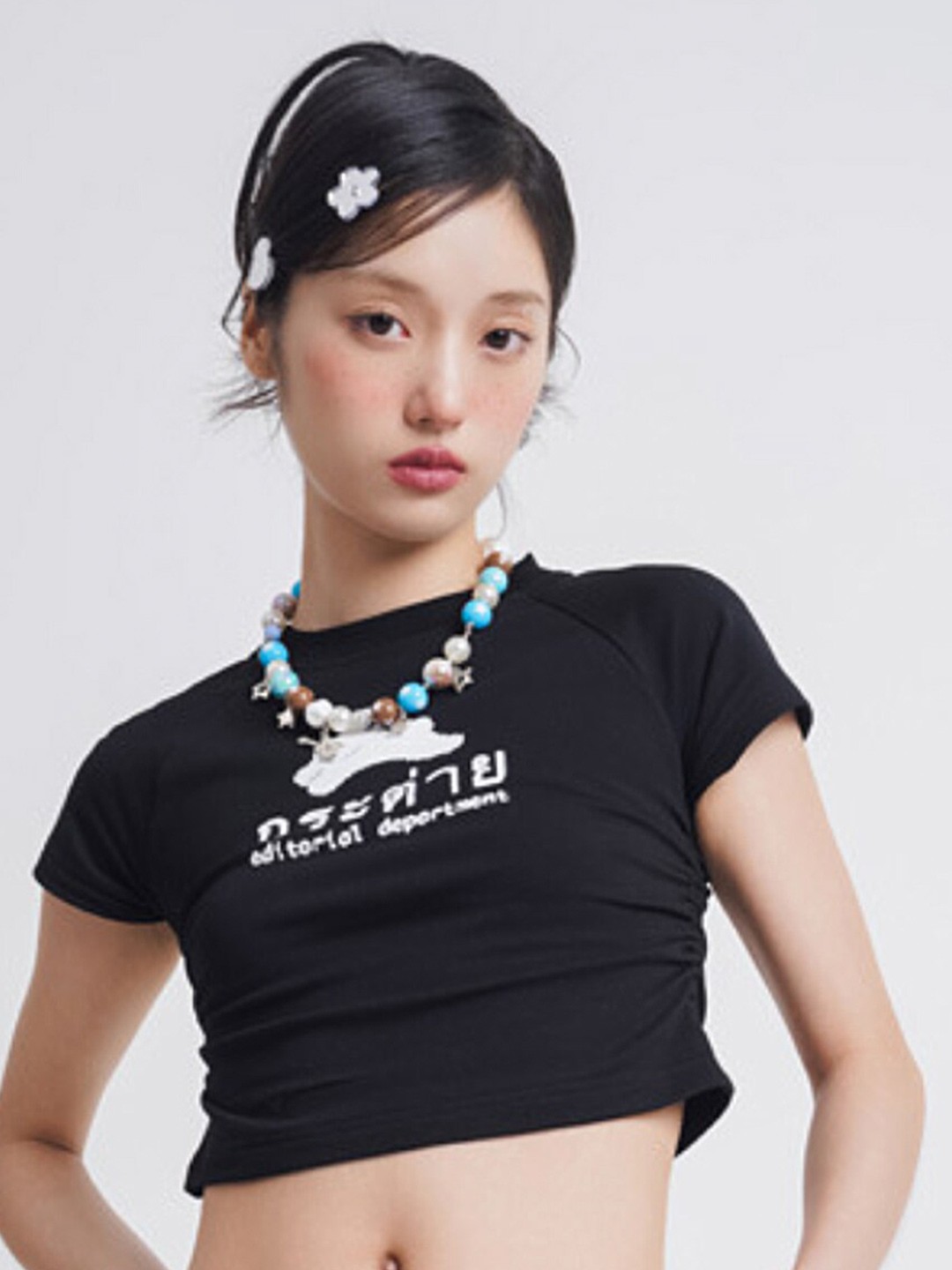 

LULU & SKY Typography Printed Round Neck Cotton Crop Top, Black