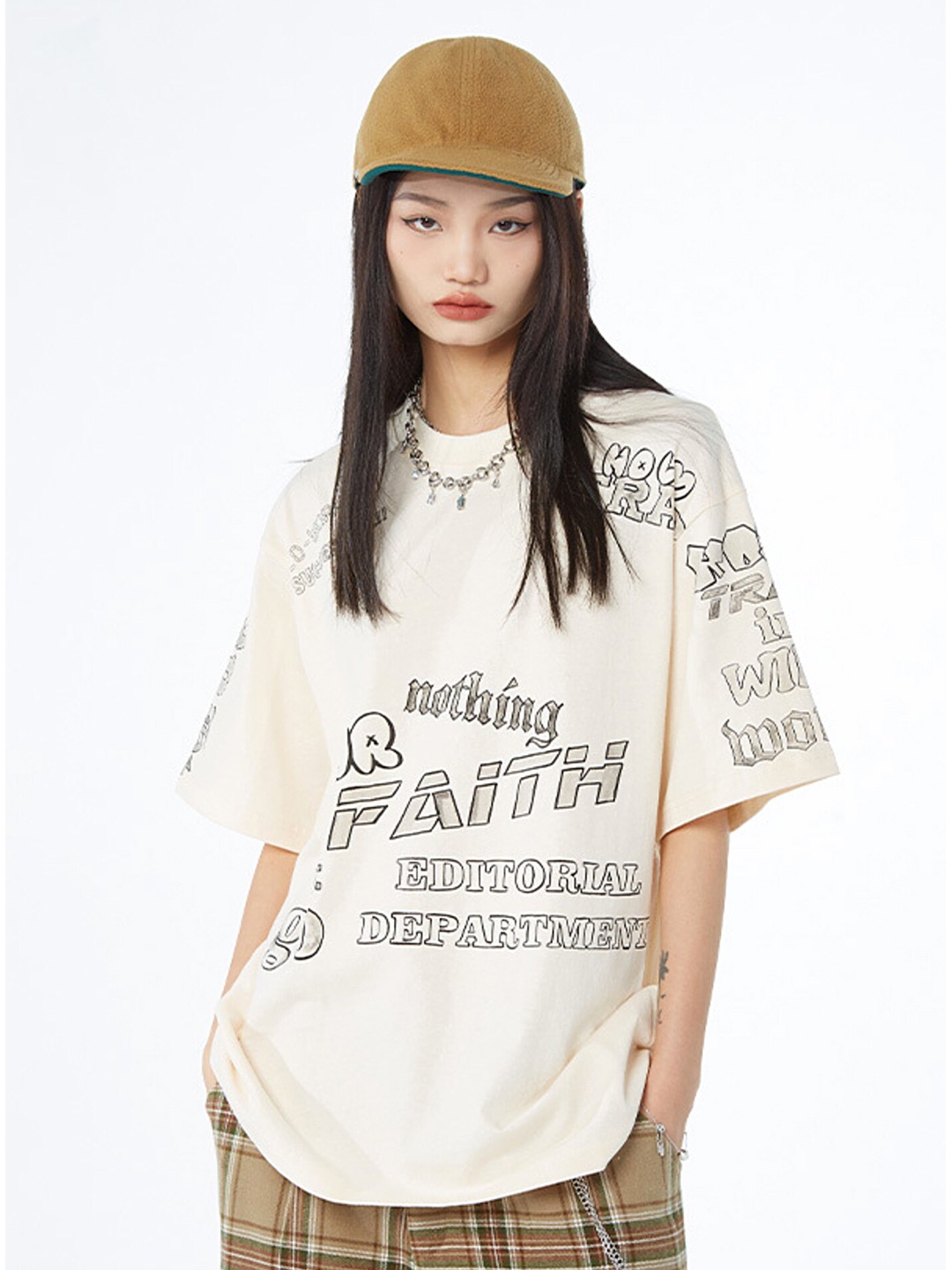 

LULU & SKY Typography Printed Drop-Shoulder Sleeves Cotton Longline Oversized T-shirt, Beige