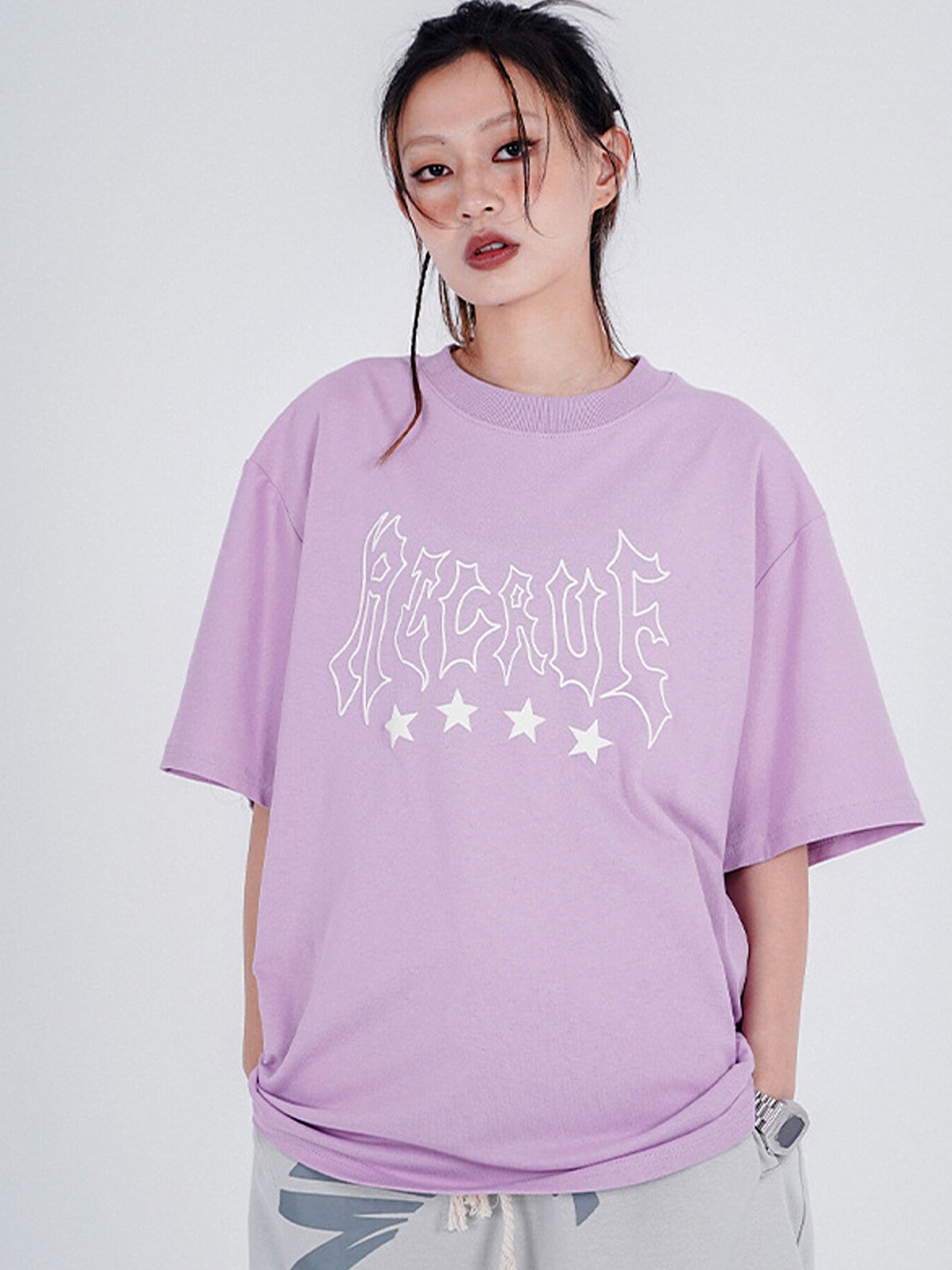 

LULU & SKY Printed Drop-Shoulder Sleeves Longline Oversized T-shirt, Purple