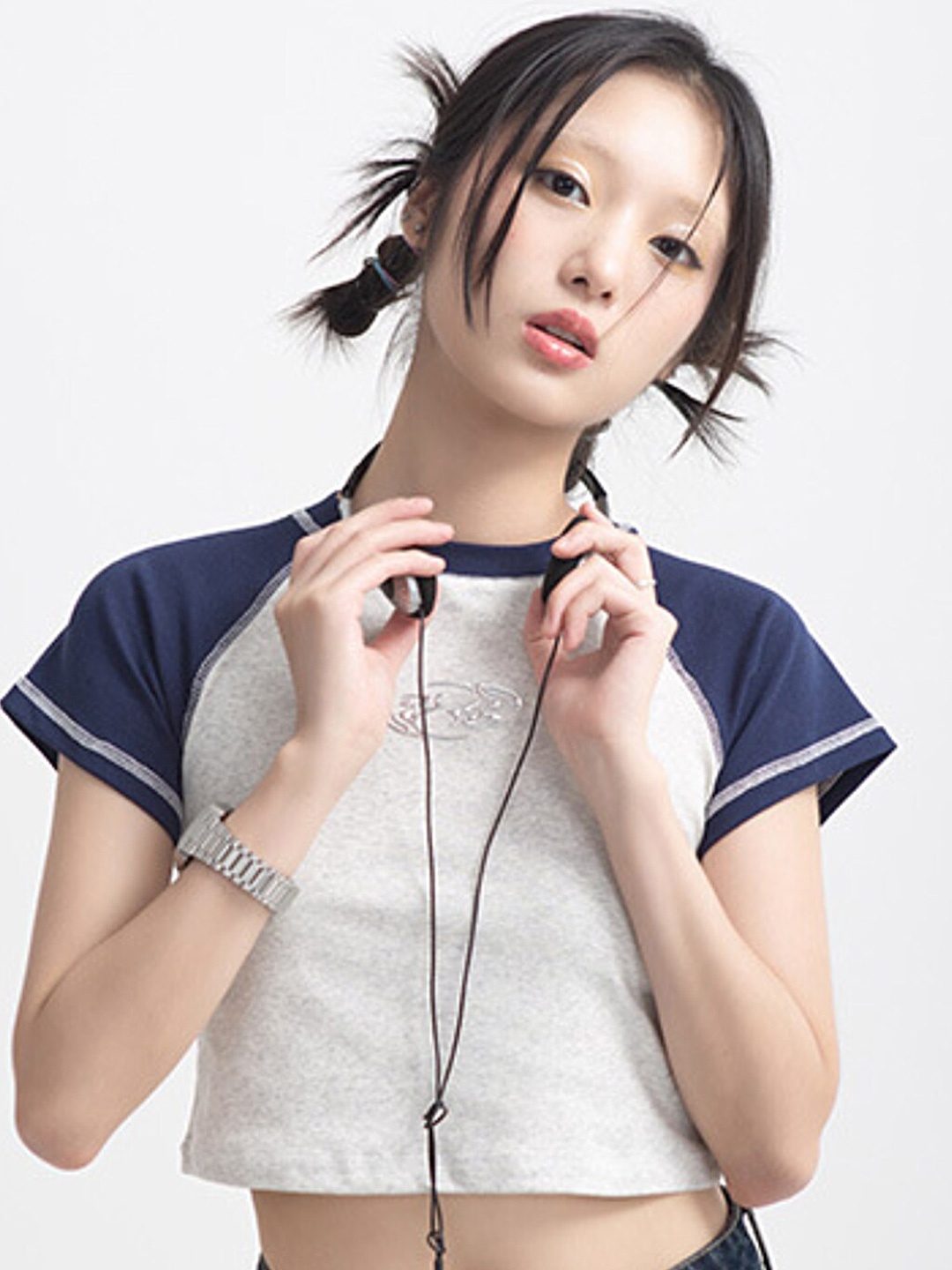 

LULU & SKY Round Neck Colourblocked Cotton Crop Top, Grey