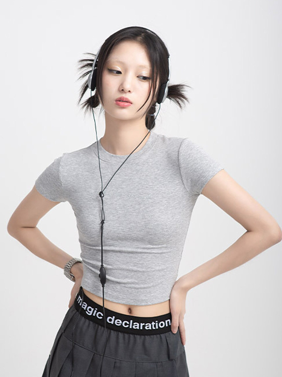 

LULU & SKY Round Neck Pure Cotton Fitted Crop Top, Grey
