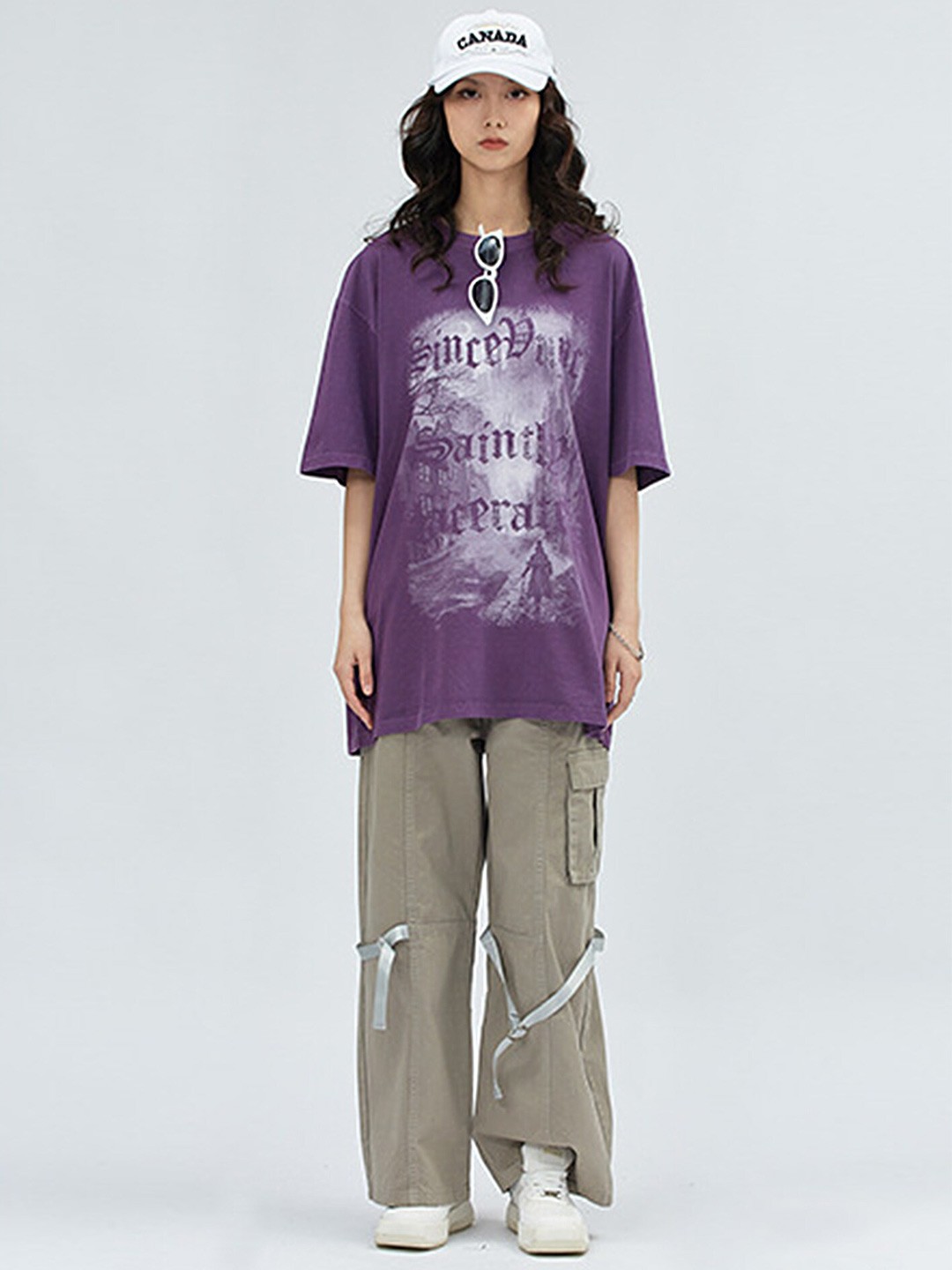 

LULU & SKY Typography Printed Drop-Shoulder Sleeves Pure Cotton Longline Oversized T-shirt, Purple