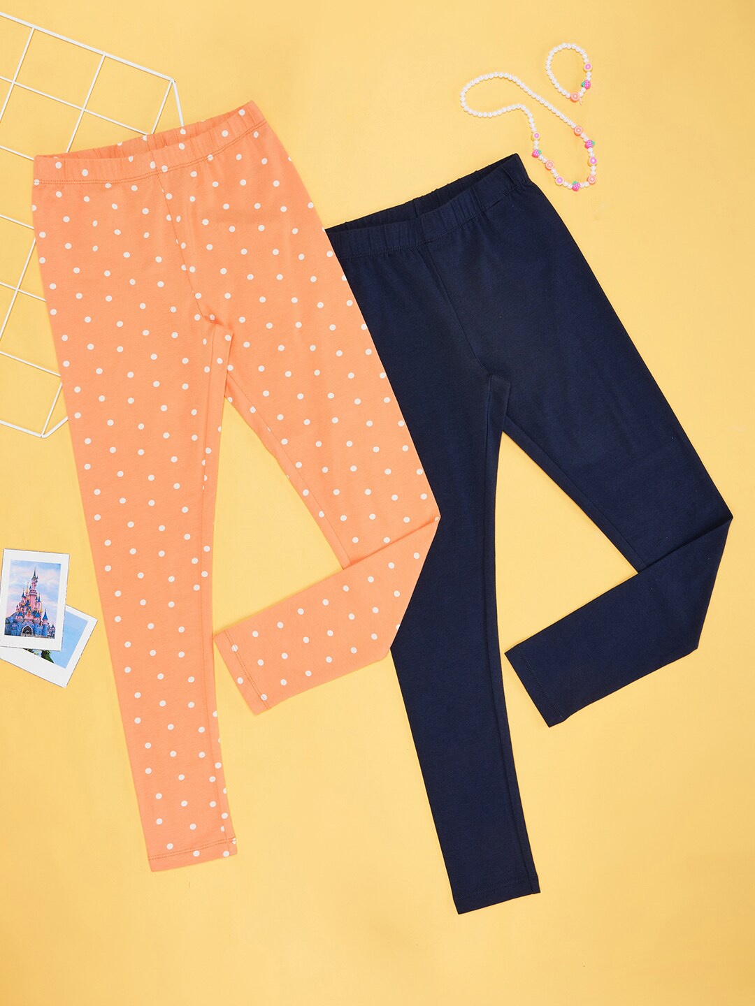 

YU by Pantaloons Girls Pack of 2 Printed Cotton Slip-On Leggings, Orange