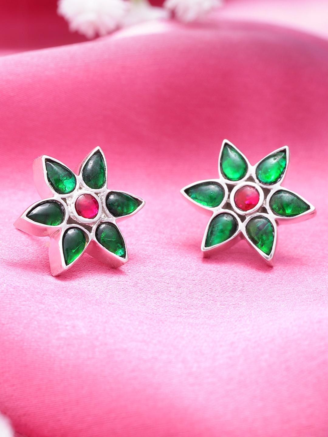 

Unniyarcha 92.5 Silver Floral Kundan Studs