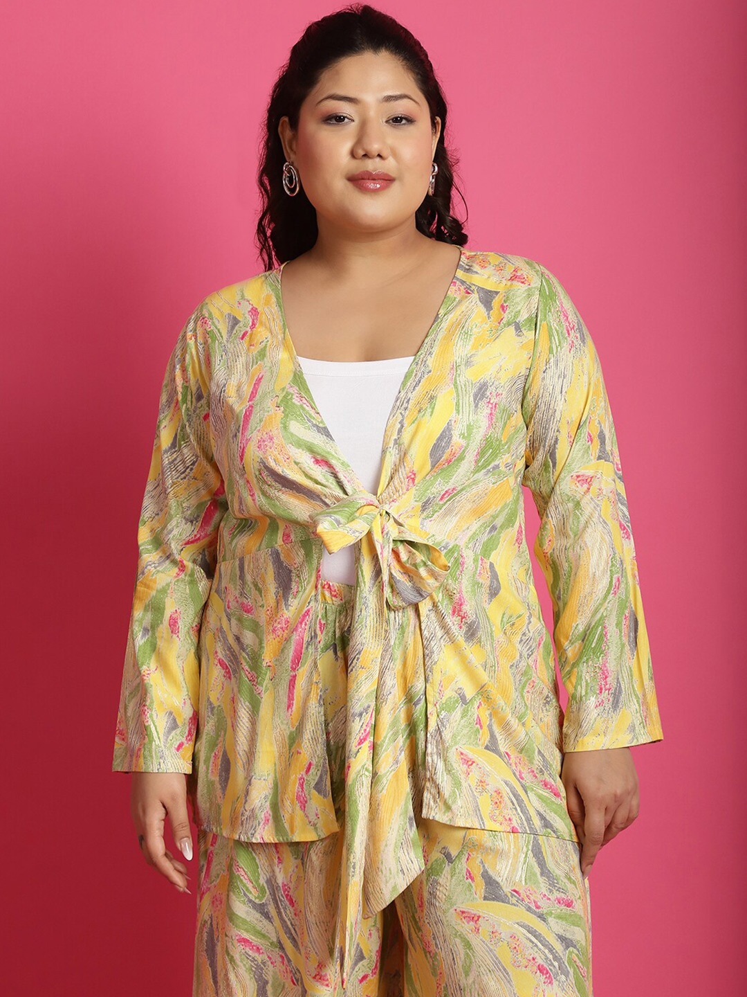 

theRebelinme Plus Size Abstract Printed Party Tie-Up Shrug, Yellow