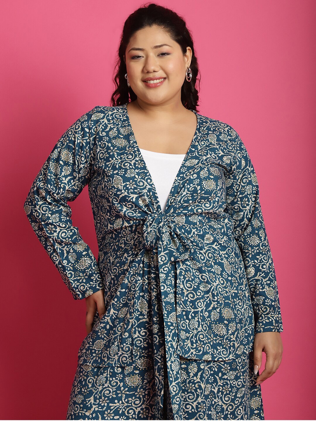 

theRebelinme Plus Size Ethnic Motif Printed Tie-Up Shrug, Teal