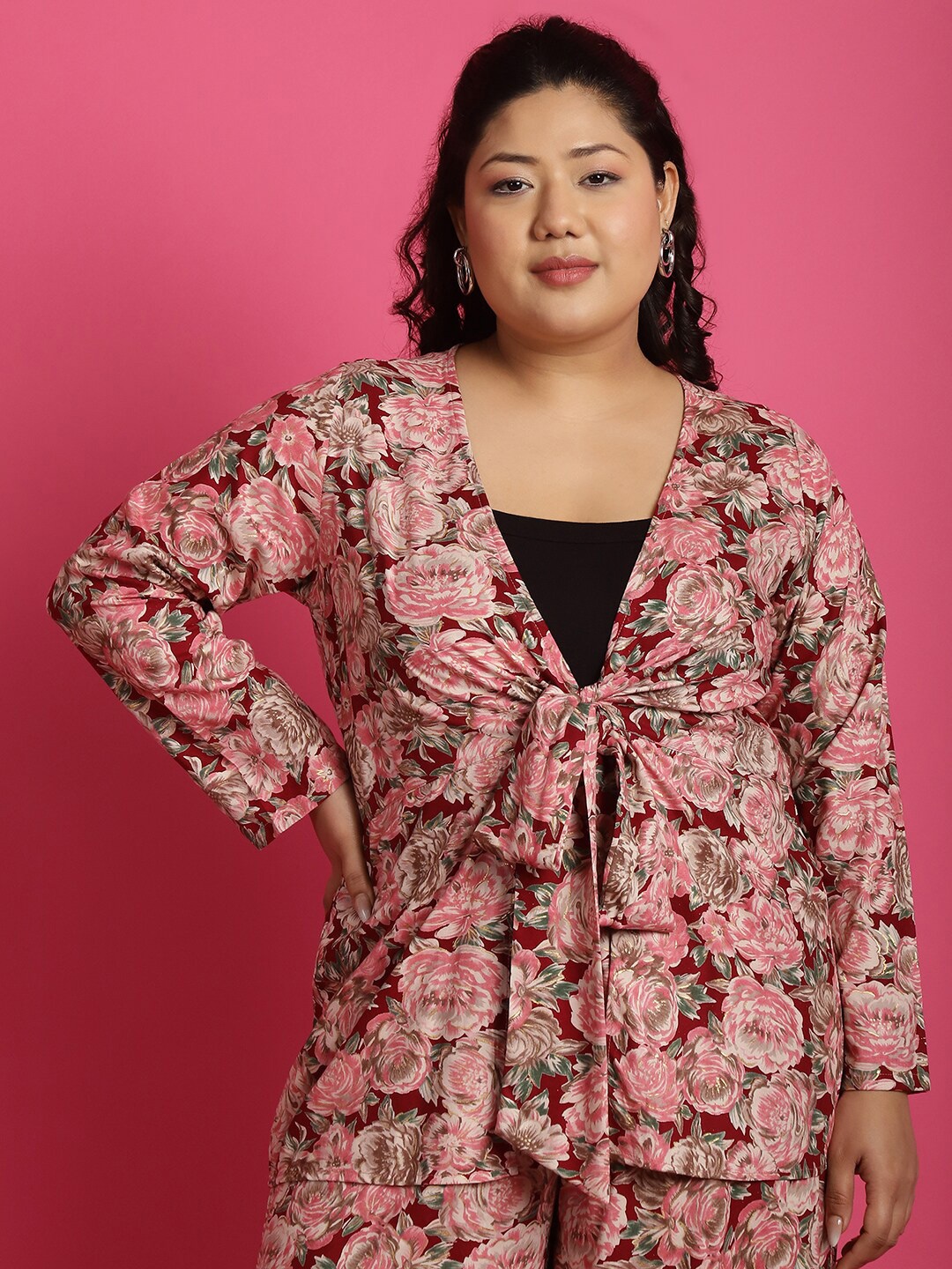 

theRebelinme Plus Size Floral Printed Tie-Up Shrug, Maroon