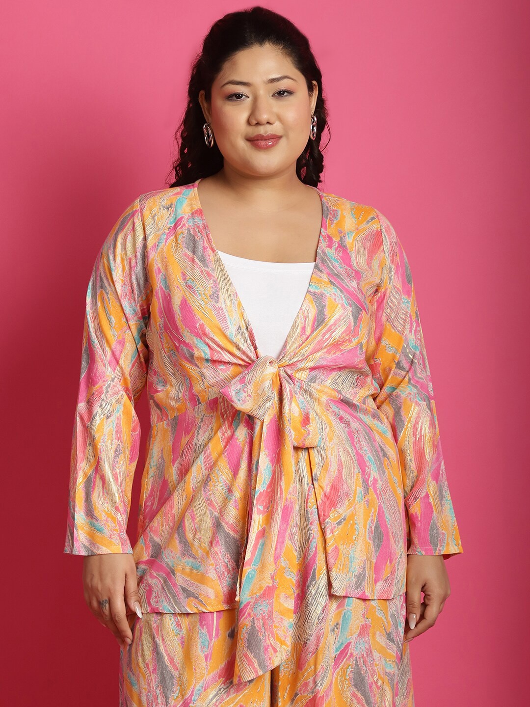 

theRebelinme Plus Size Abstract Printed Party Tie-Up Shrug, Pink