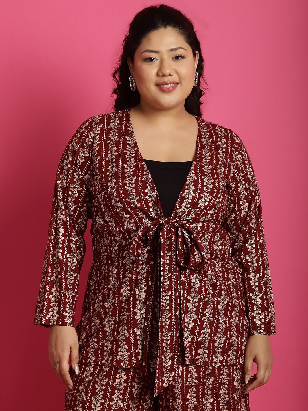 

theRebelinme Plus Size Floral Printed Tie-Up Shrug, Maroon