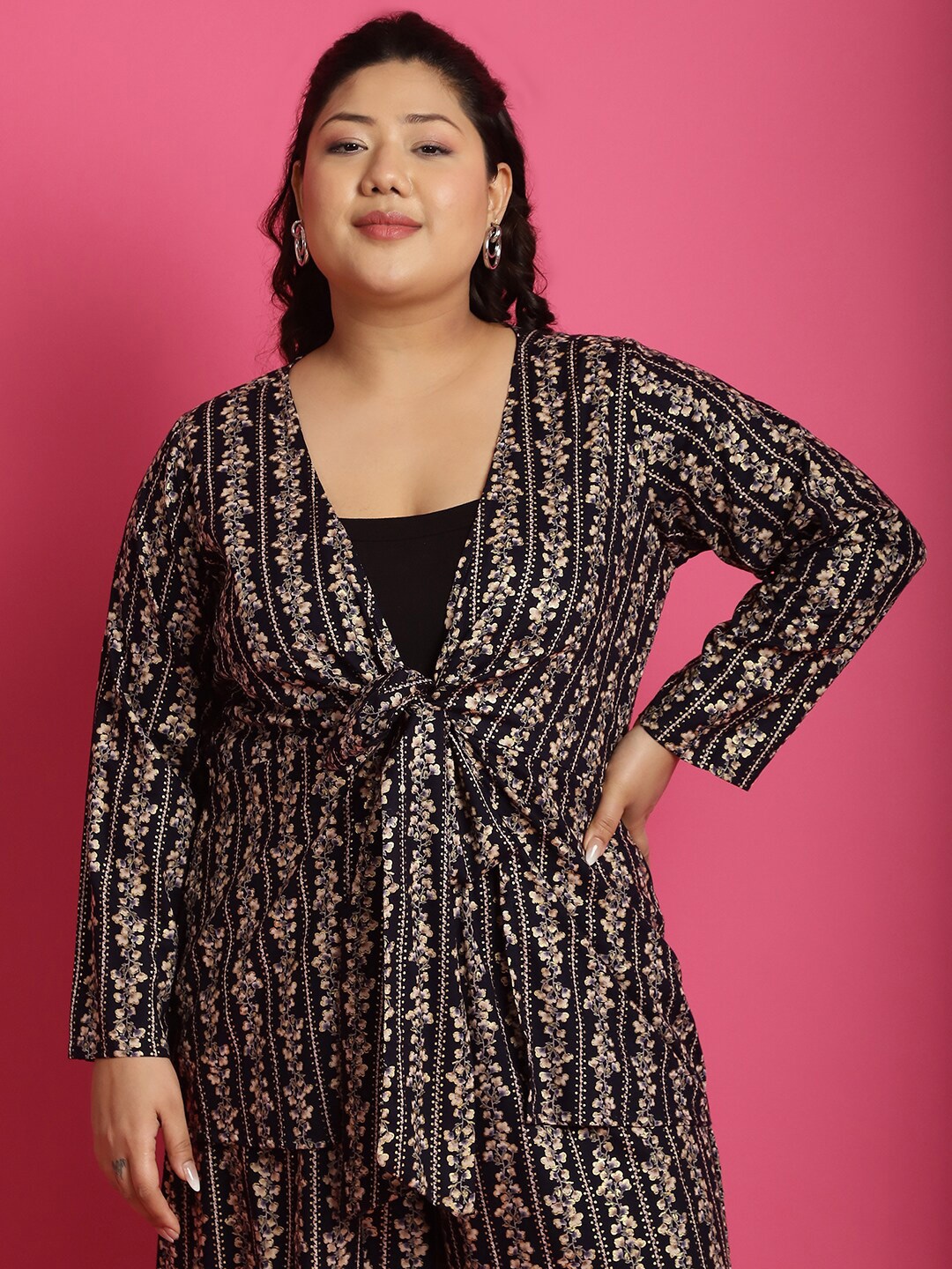 

theRebelinme Plus Size Floral Printed Tie-Up Shrug, Navy blue