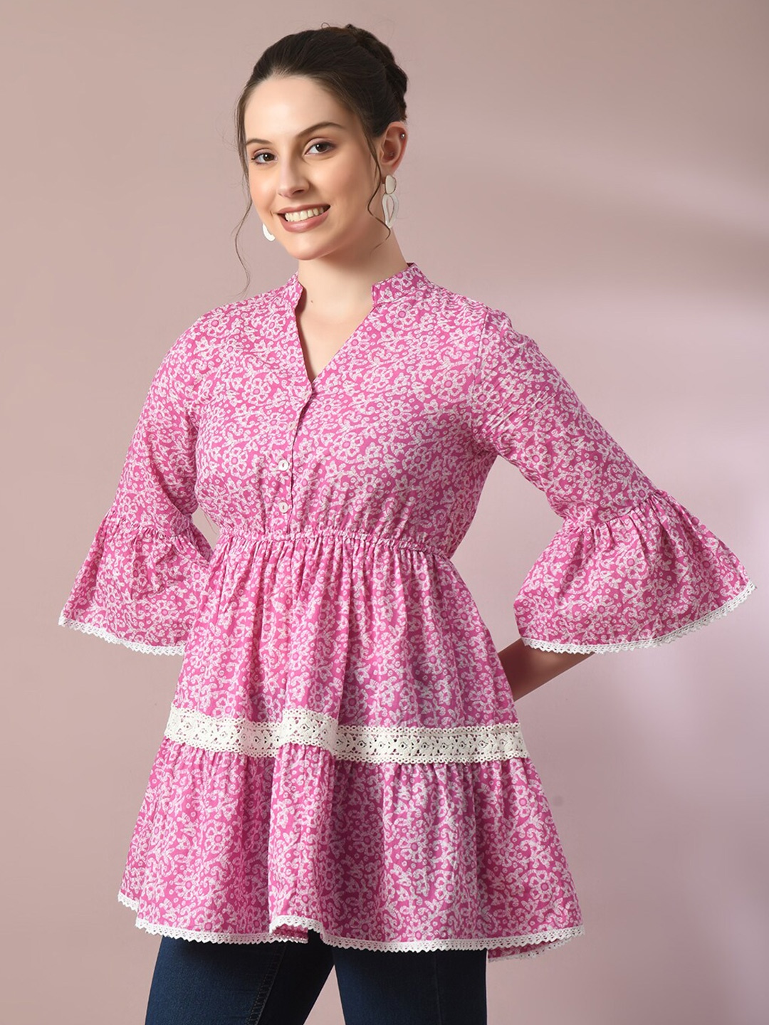 

Myshka Floral Printed Mandarin Collar Bell Sleeve Cotton Empire Top, Pink