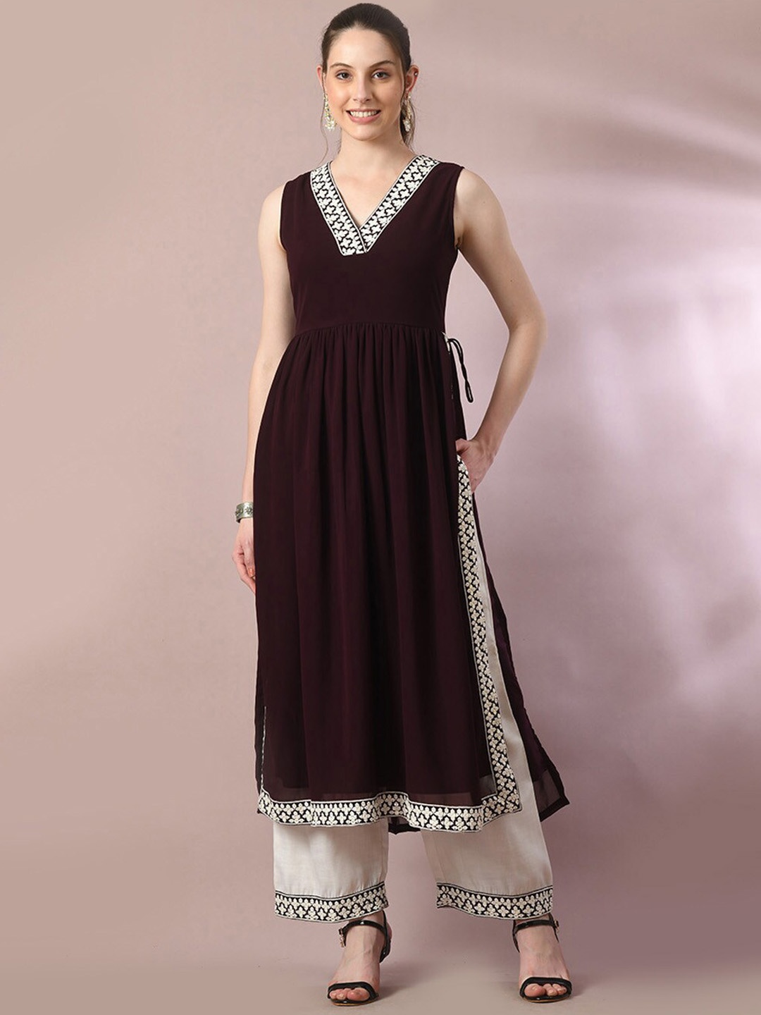 Myshka V-Neck Kurta With Palazzo, Coffee brown