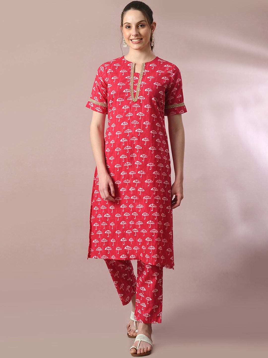 

Myshka Ethnic Motifs Printed Pure Cotton Kurta With Trouser, Pink
