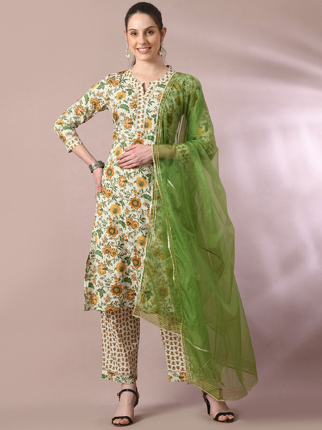 

Myshka Floral Printed Pure Cotton Kurta With Trouser & Dupatta, White