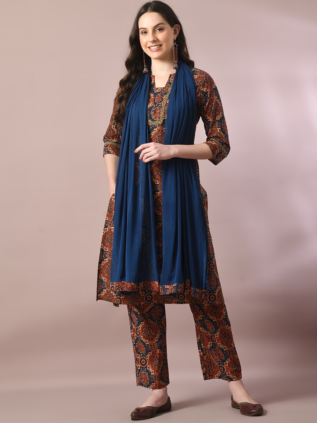 

Myshka Ethnic Motifs Printed Regular Pure Cotton Straight Kurta With Trousers & Dupatta, Brown