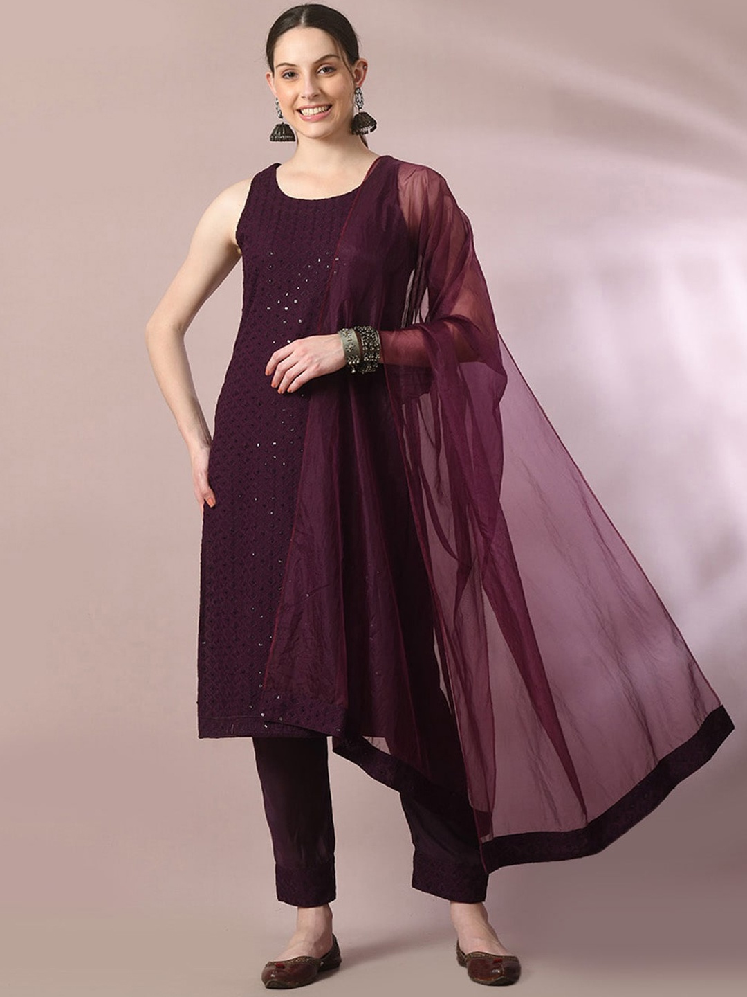 

Myshka Ethnic Motifs Embroidered Sequinned Pure Cotton Kurta with Trousers & Dupatta, Magenta